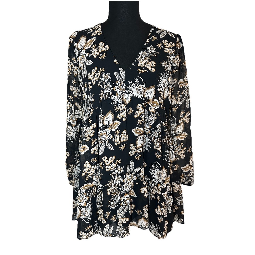 Melloday Women Black Cream Floral‎ Tiered Ruffle Semi Sheer Blouse Tunic SMALL